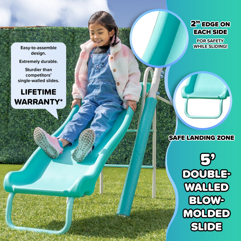 Teal Metal Swing Set with Slide and Trapeze