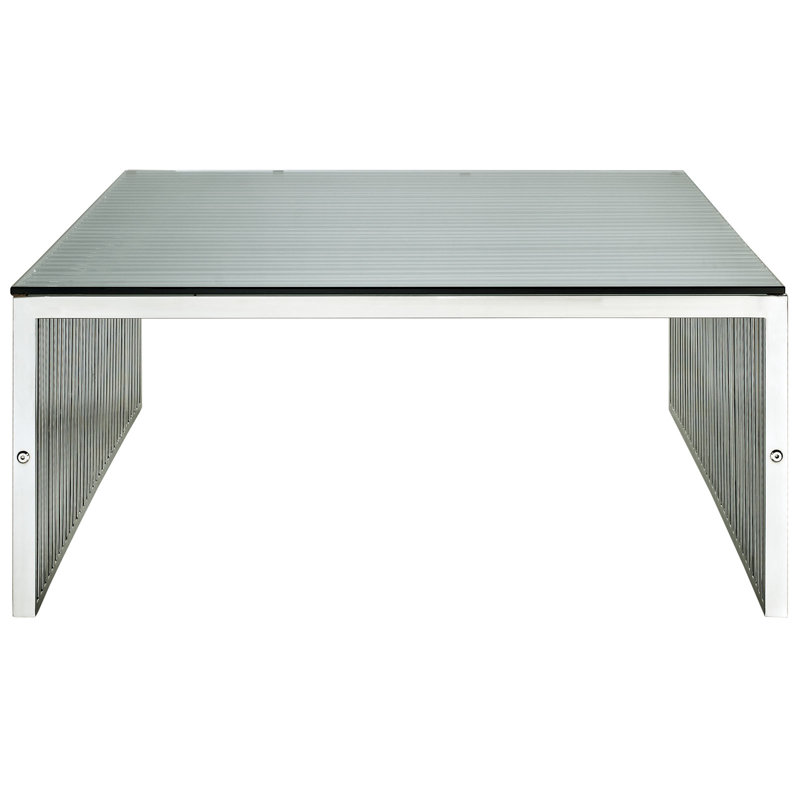 Petite table basse Gridiron en acier inoxydable avec plateau en verre trempé, Argent