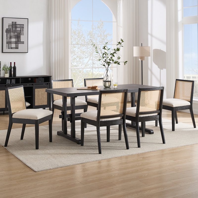 Rustic Solid Wood Dining Table With Chair And Bench Set, 7 Pieces: Table, 6 Chairs
