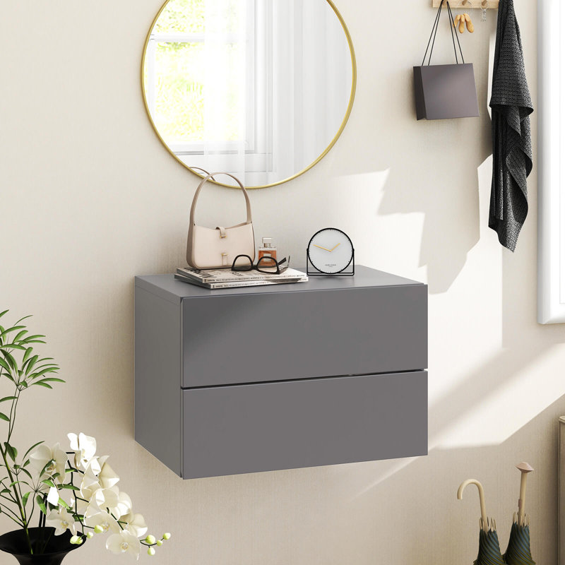 Floating Nightstand With Drawer Storage Modern Floating Bedroom Shelf, Gray, Set of 2