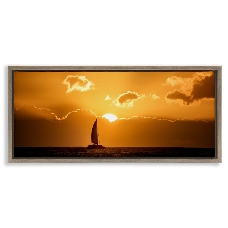 «Tranquil Sunset Voilier», art mural encadré flottant par Dennis Frates, Cadre flottant orme Montalcino, H 14 po x l 31 po