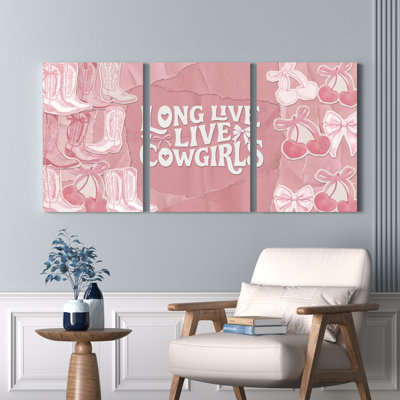 Pink Cowgirl Boots And Cherry Bow Pattern Canvas Wrapped Wall Art Oil Painting Print Set Of 3 For Bedroom Or Living Room Decor