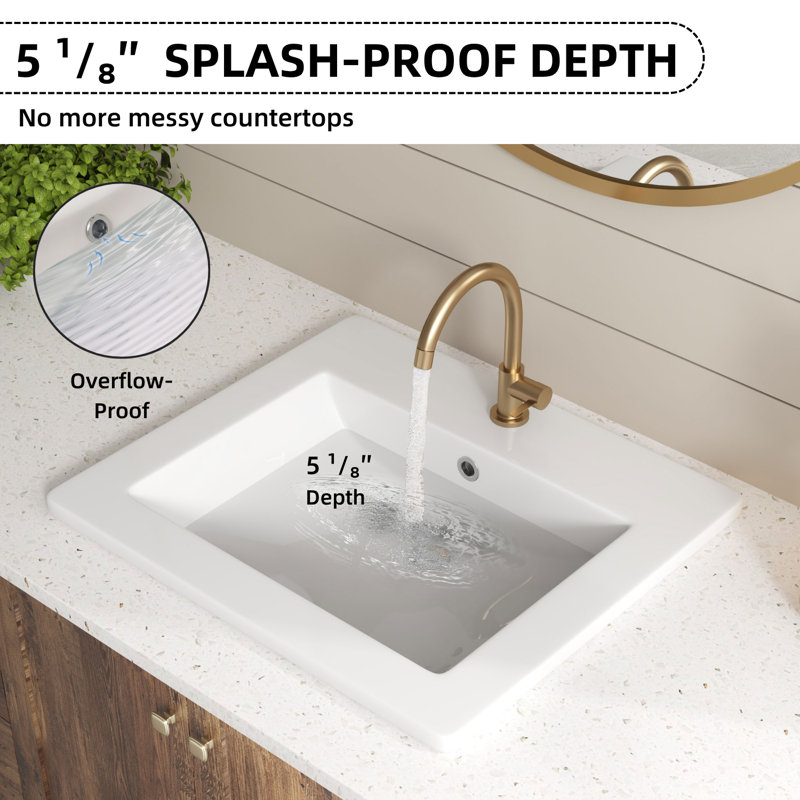 Los Flexi White Drop In Bathroom Sink Ceramic Rectangular with Faucet Hole & Overflow, 20.87" L x 18.31" W x 6.89" H, Single