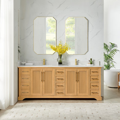 Epworth 84" Double Bath Vanity in Oak Natural Brown with Silk White Quartz Stone Top