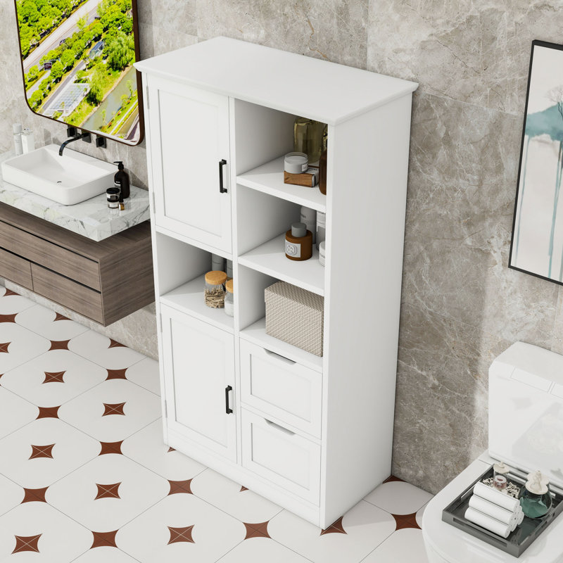 Armoire de rangement autoportante avec tablette réglable, 2 tiroirs, 2 tablettes ouvertes et 2 armoires
