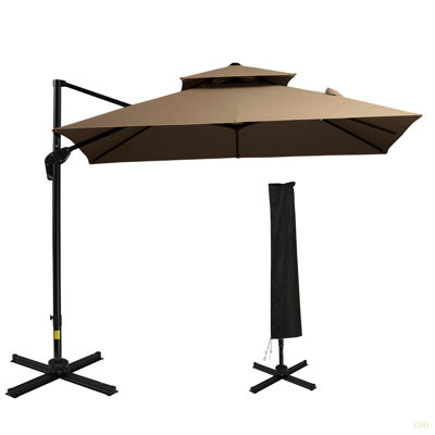 Outsunny 10Ft Offset Patio Umbrella With Base, Double Top Hanging Aluminum Cantilever Umbrella With 360-Degree Rotation, Easy Tilt, 8 Ribs, Crank, Cross Base, Cover, Strap
