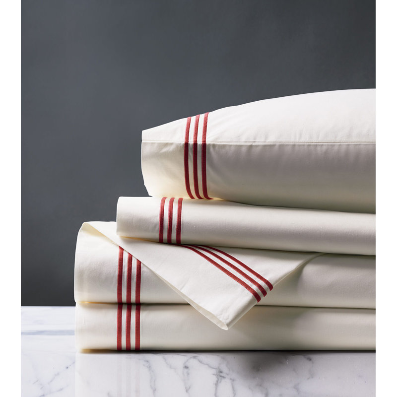 Tessa 100% Cotton Percale Sheet Set, Queen Sheet Set + 2 Pillowcases, Ivory/Scarlet