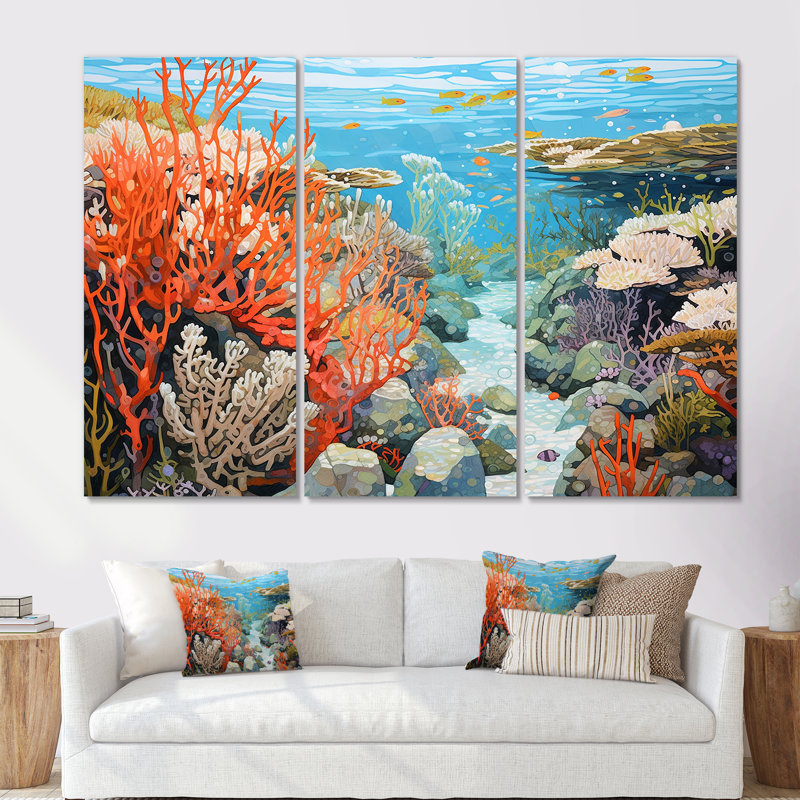 Corail et anémone III - Ensemble d'art mural corail sous l'eau, Toile tendue, H 28 po x l 36 po x P 1 po