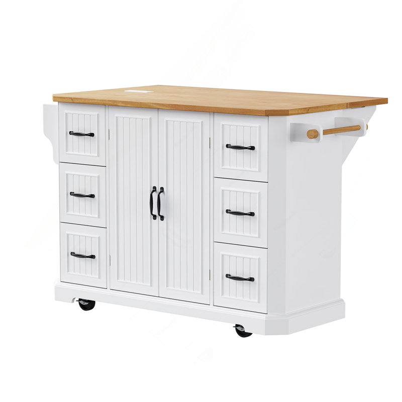 56 inch Kitchen Island with Rubber Wood Veneer Drop Leaf, Power Outlet, 4 Door Shelves, Embossed Vertical Stripe Rolling Kitchen Cart on 4 Wheels with 6 Deep Drawers for Kitchen, Dining Room