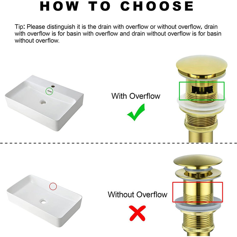 Pop-up Bathroom Sink Drain with Overflow, Gold