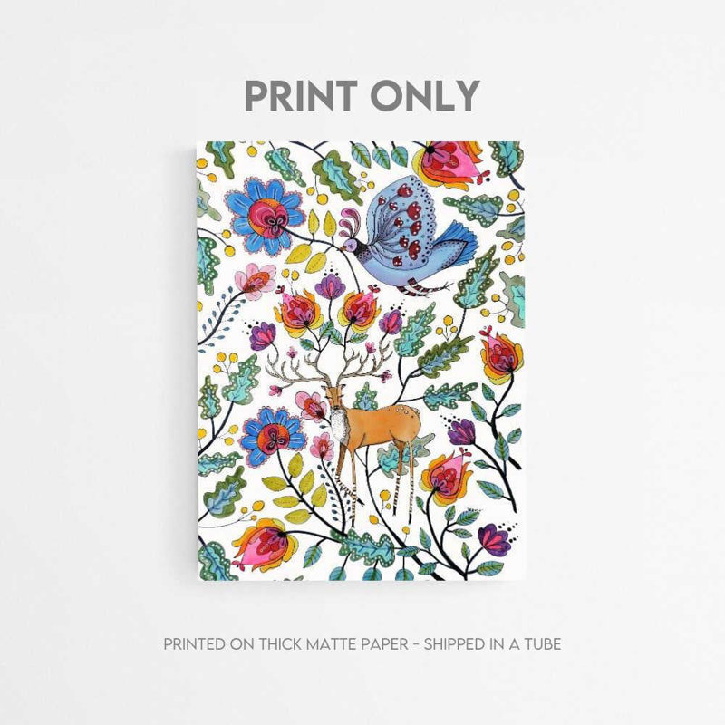 Affiche florale d'art populaire - Illustration fantaisiste d'un cerf et d'un oiseau, Impression encadrée avec passe-partout