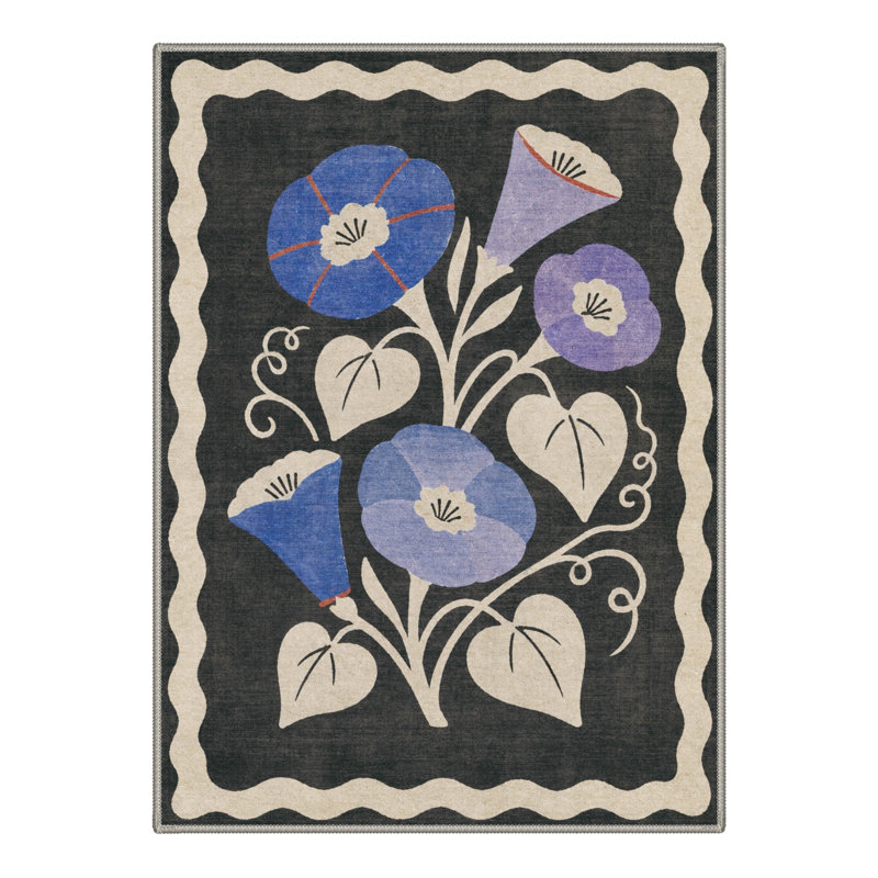 Tapis floral noir / bleu lavable à la machine avec envers antidérapant, Rectangle 9' x 12'