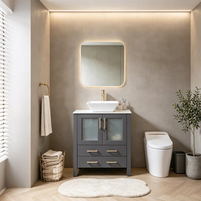 Meuble-lavabo autoportant moderne de 30 po gris avec vasque en céramique blanche, tiroirs à fermeture en douceur et portes en verre givré