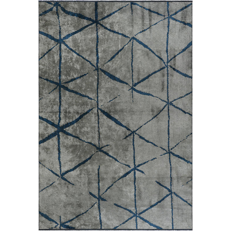 Tapis géométrique tissé à plat / acrylique / coton / rayonne gris / bleu marine Rapture, Rectangle 7 pi 10 po x 11 pi 2 po
