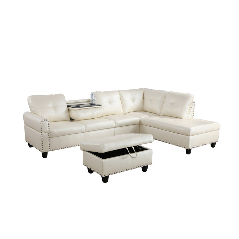 Canapé modulaire avec repose-pieds Plyler, Orienté à droite, Simili cuir blanc