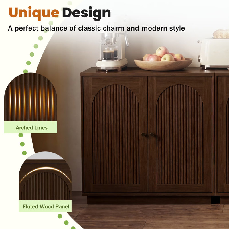 Buffet avec rangement, armoire de rangement arquée cannelée avec tablette réglable, bar à café modulaire en bois, console moderne pour le salon, la cuisine, le vestibule et la salle à manger, brun