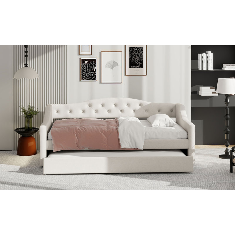 Lit de jour tapissier simple TG avec ceinture et gigogne à DEL, Beige