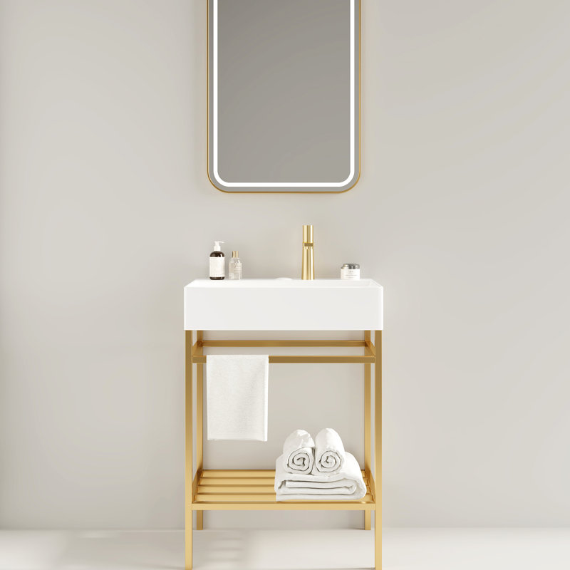 Meuble-lavabo de salle de bain avec lavabo en céramique rectangulaire de 24 po - blanc, console autoportante, pieds en métal, or, tablettes avec rangement, lavabo rectangulaire, ouvert