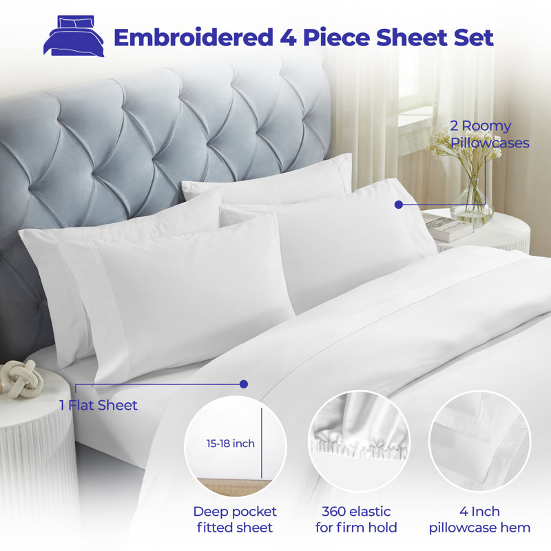 Fieldstone Cotton Two-Line Embroidered Deep Pocket Bed Sheet Set by Superior, King Sheet Set with 2 Pillowcases, White