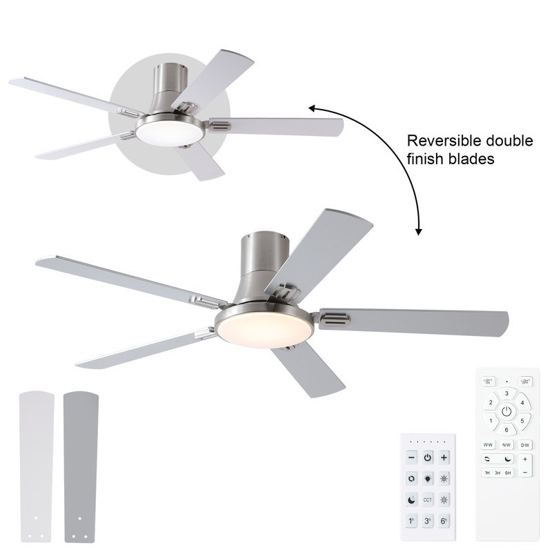 52-Inch Sliver Flush Mount Ceiling Fan Light with Remote&Wall Control,5 Reversible Blades with Dimmable LED 3CCT,6 Speed,Timer for Bedroom,Living Room,Patio,Balcony.