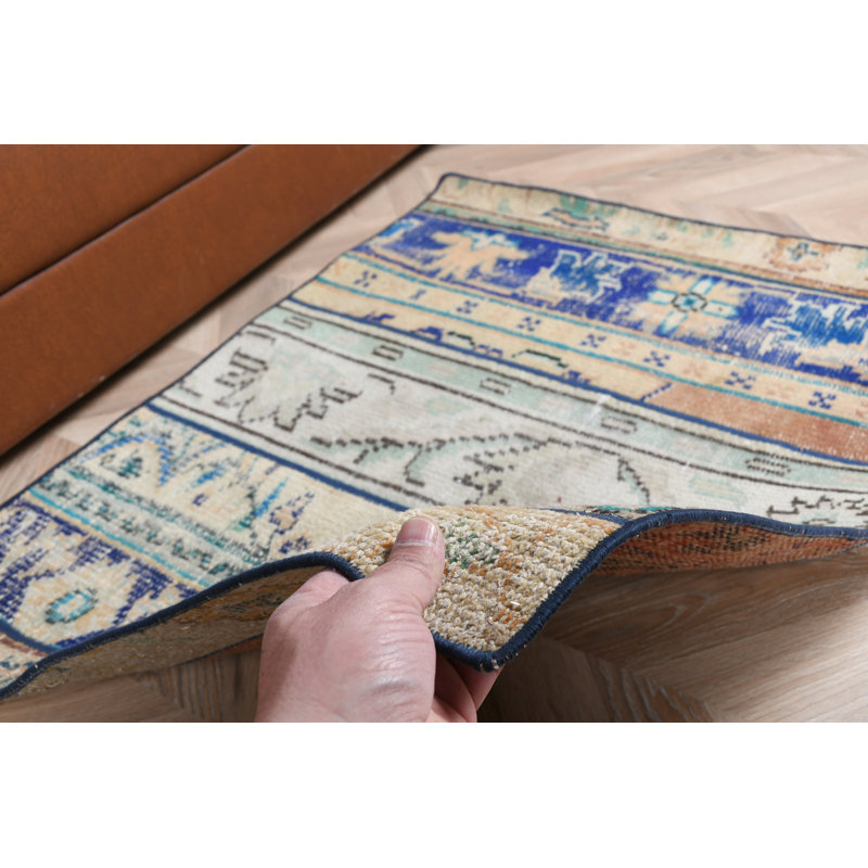 Vintage Turkish Door Mat In Blue And Beige Geometric Patterns Perfect For Adding A Touch Of Elegance To Your Entryway Decor