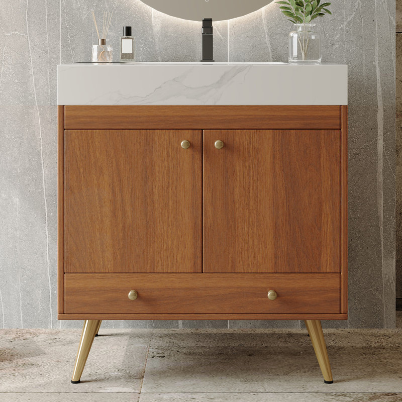 30" Modern Freestanding Bathroom Vanity With Sintered Stone Top, White Ceramic Sink & Gold Legs, Storage Cabinet, Walnut