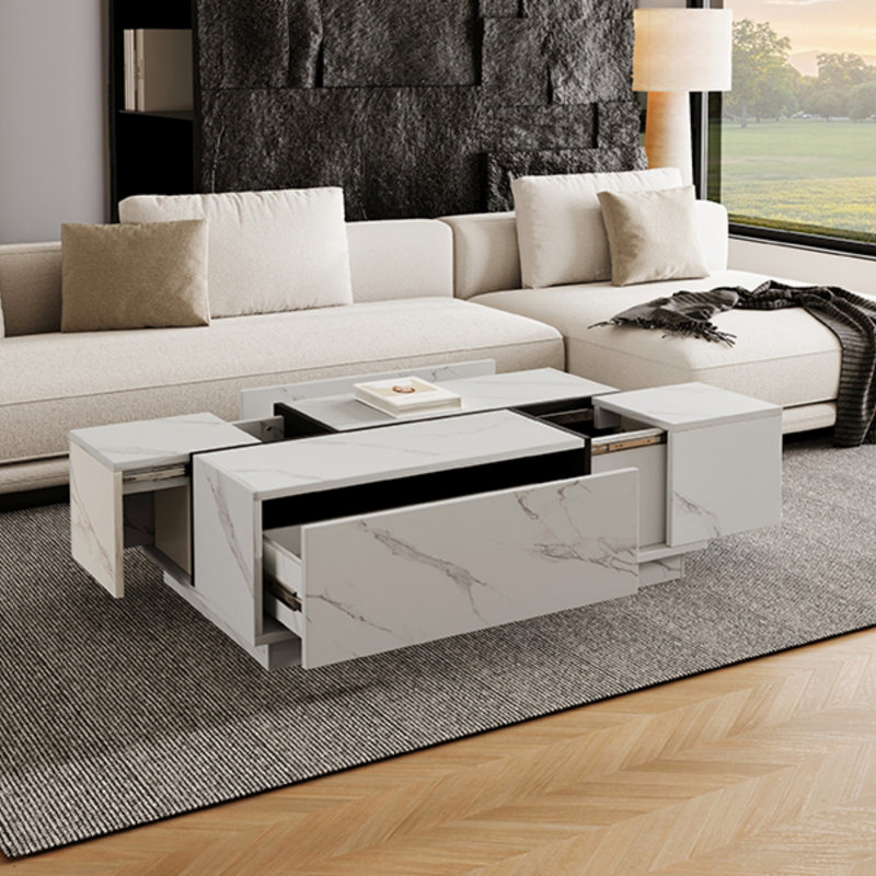 Table basse 47,2 "à plateau coulissant rectangulaire avec 2 tiroirs et 2 rangements cachés pour le salon, Blanc