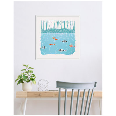 Coastal Blue River Linocut by Giuliana Lazzerini Framed Canvas Wall Art Print