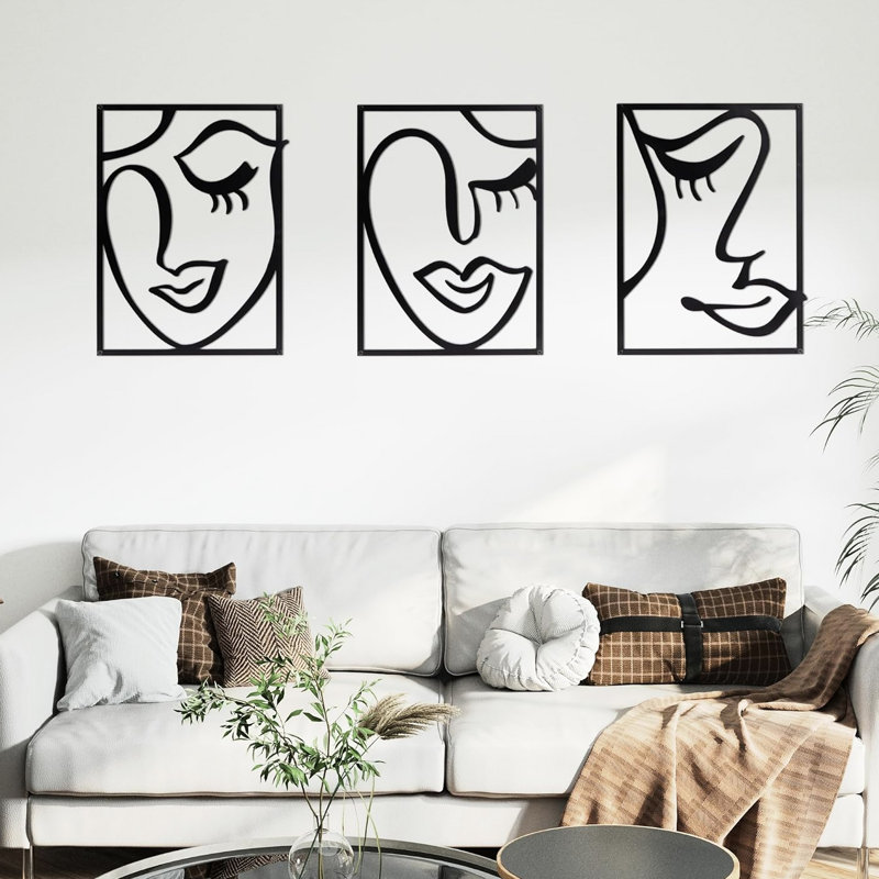 Three Piece Wall Decor In Black Metal, Abstract Female Face Line Drawing, Cut 3D Hollow Out, Pre - Fitted Holes For Home Decorative Touch , Metal Rectangular Frame, Design, Adornment