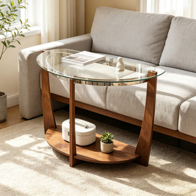 Console à 2 niveaux en verre, table d'entrée demi-lune moderne avec plateau en verre trempé et tablette de rangement ouverte, canapé long et étroit pour salon, couloir, vestibule, entrée