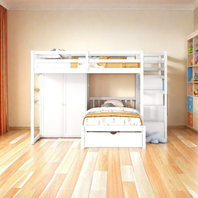 Lit superposé double au-dessus de simple avec garde-robe et tiroirs