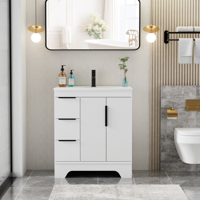 Skeen 30" Mid-century Modern Single Bathroom Vanity Set With Resin Sink Top, Faucet, Assembly Required, 30", White