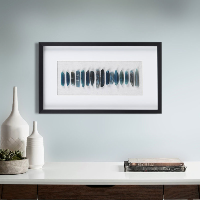Dimensional Blue Agate Wall Decor In Framed - Natural Cerulean Dyed Agate, Soft White Contrast, Glass Cover, Black Frame, Indoor Hang Anywhere