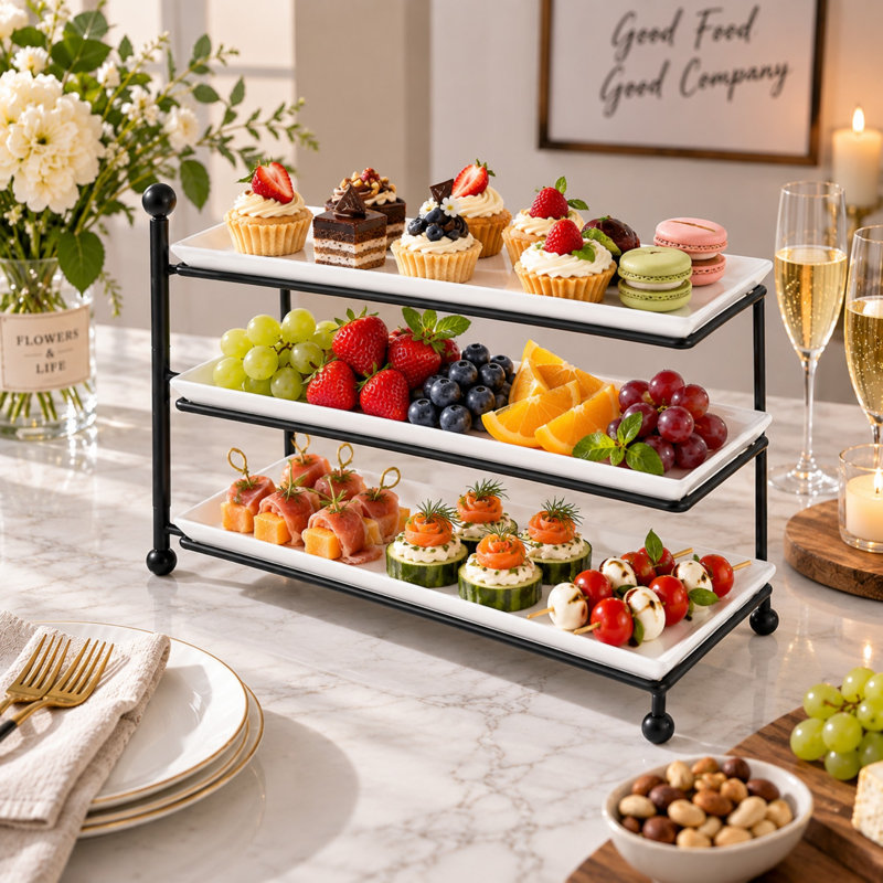 3-Tier White Porcelain Serving Stand with Adjustable Black Metal Rack