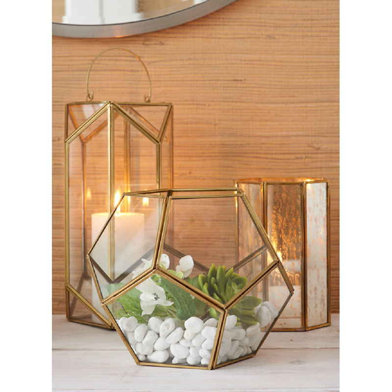 Lanterne en verre et métal en nid d’abeille, H 9,5 po x l 3,1 po x P 11 po