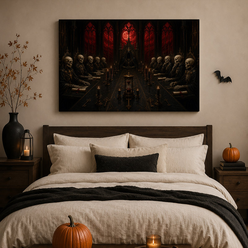 Squelettes gothiques assis à une longue table avec une toile rouge d'Halloween, H 16 po x l 24 po