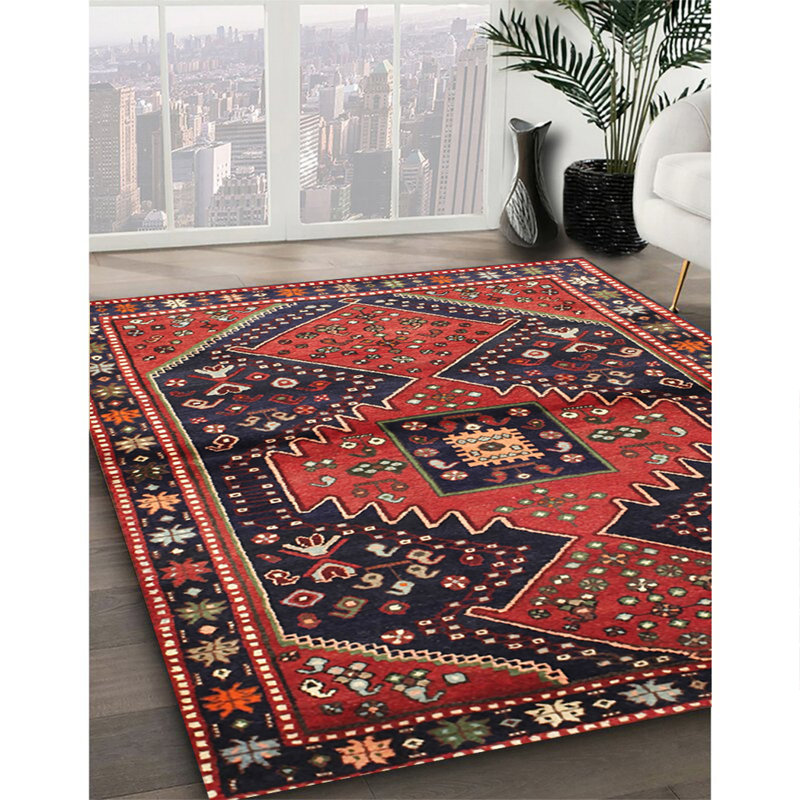 Tapis oriental rouge / rouille / bleus / brun / vert, Carré 6 pi