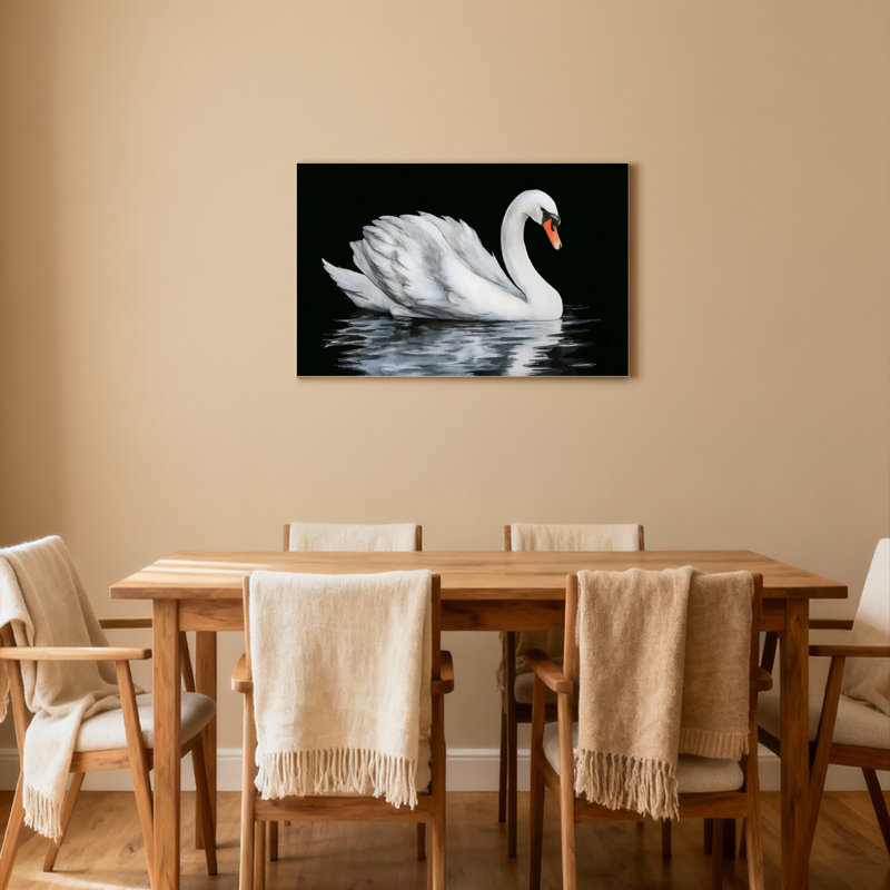 Cygne blanc sur fond noir, reproduction d'art sur toile tendue sur toile, ensemble de 1, H 16 po x l 24 po