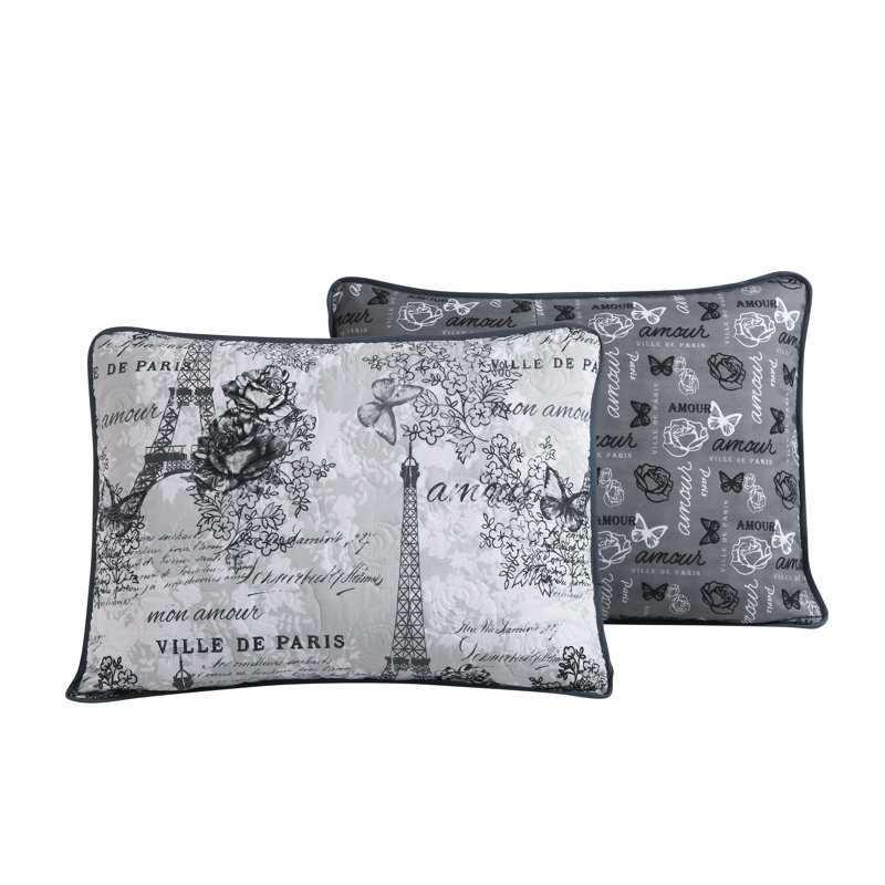 Amour Polyester Toile Quilt, Black/White, Full/Queen Quilt + 2 Shams + Throw Pillow