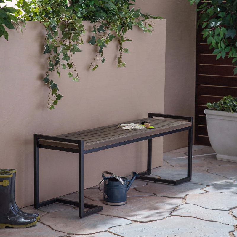 Cantilever Iron Legs Bench with Acacia Wood Slatted Seat, Gray