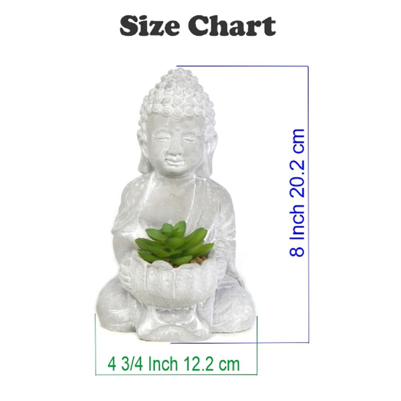 Statue bouddha en ciment gris 8 pouces avec plante