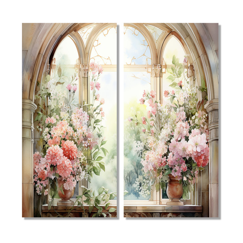 «Pink Blossoming Country Window Gaze V», art mural 2 pièces, 20" H x 24" W, Wrapped Canvas, Does Not Apply