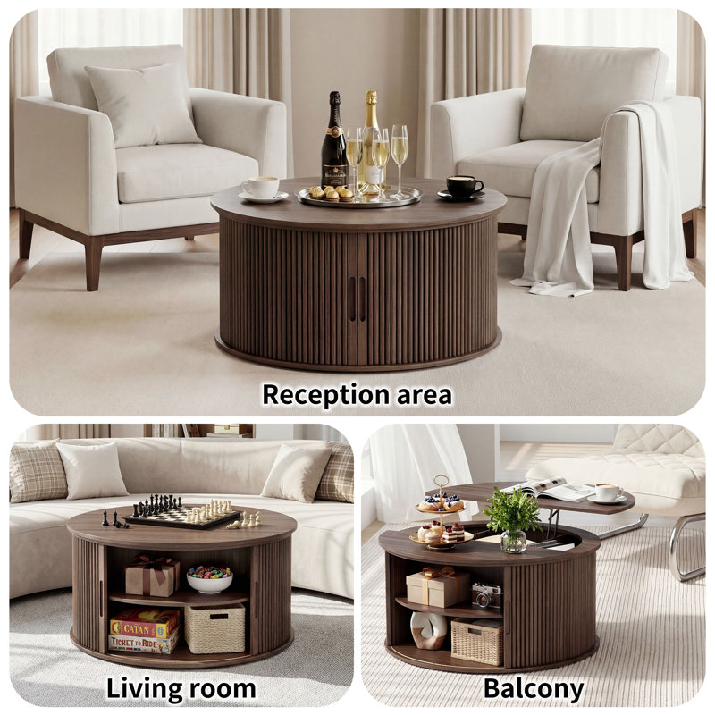  Lift-Top Coffee Table with Hidden Storage & Open Shelf, Round 31.5” Wooden Cocktail Table for Living Room, Brown Finish with Black Metal Frame