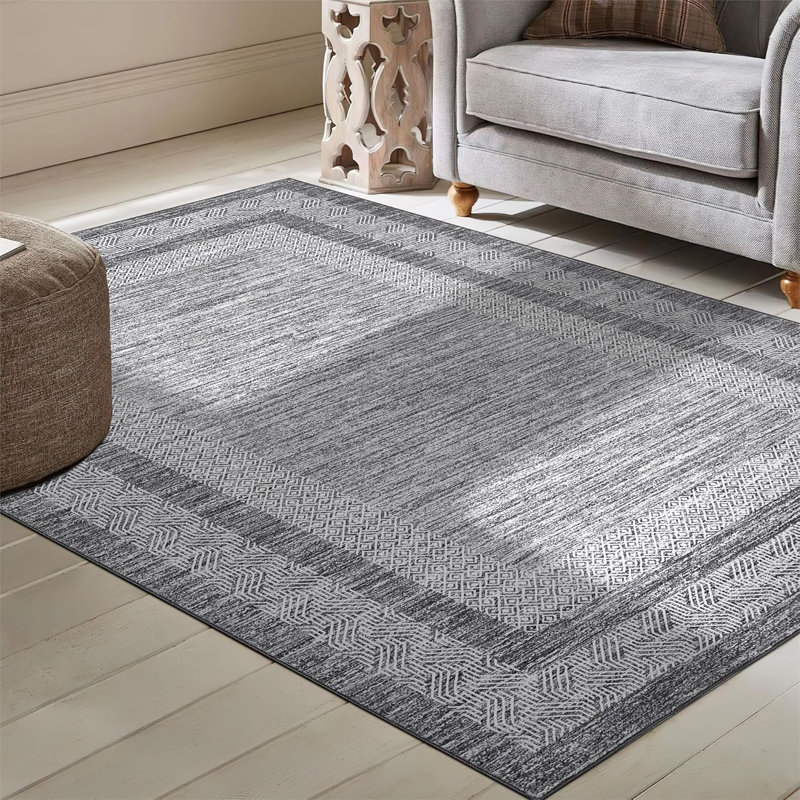 8x10 Modern Rug Thin Washable Non-Slip Geometric Border Low Pile Foldable Soft Non-Shedding Indoor Accent Carpet Gray
