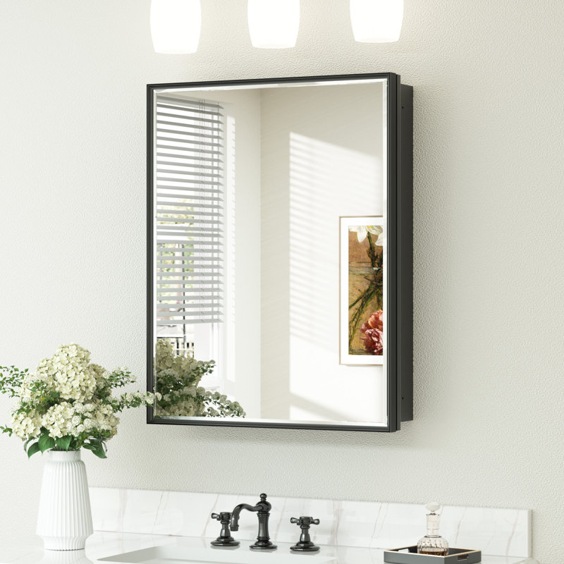 Recessed & Surface Framed Medicine Cabinet with Mirror and Shelves, Black, 30"H x 24"W x 5"D