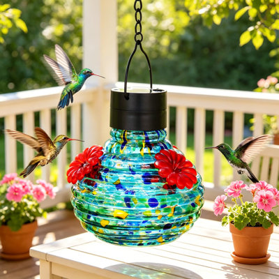 Mangeoire solaire à colibri avec lumière DEL à énergie solaire, mangeoire à suspendre en verre soufflé à la main 17 oz, conception facile à nettoyer antirouille, décoration de jardin écologique