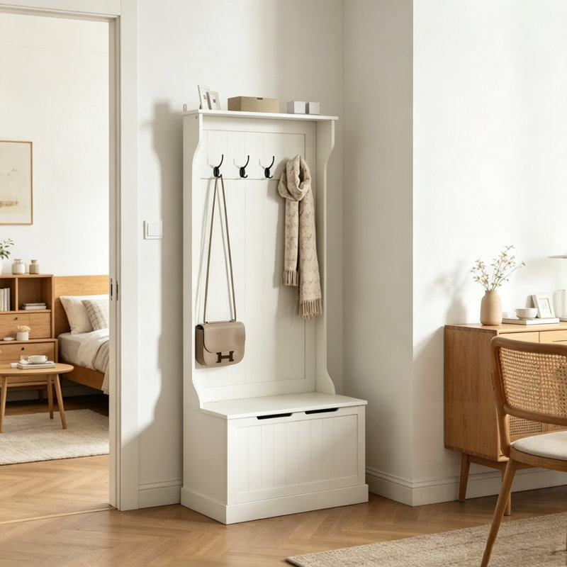 Banc d'arbre à usages multiples avec portemanteau, rangement pour chaussures et sièges pour une organisation efficace du vestibule