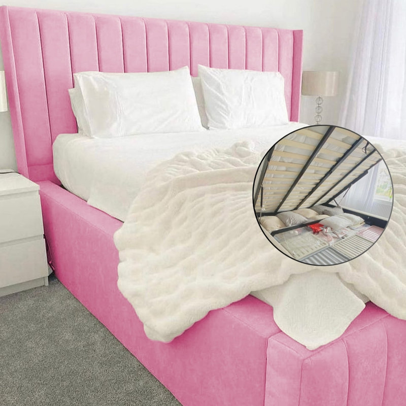 Ivy Panel Ottoman Storage Bed - Contemporary Velvet Upholstered Gas Lift Bed Frame with Headboard, Super King (6'), Pink