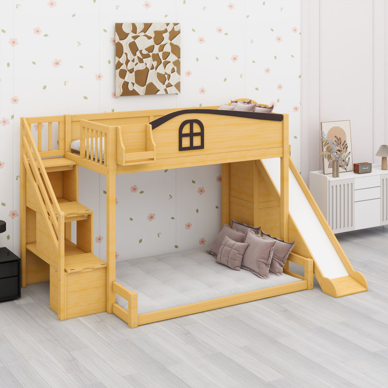 Lit superposé avec escalier de rangement intégré, glissade, garde-robe intégrée et tablettes, Naturel