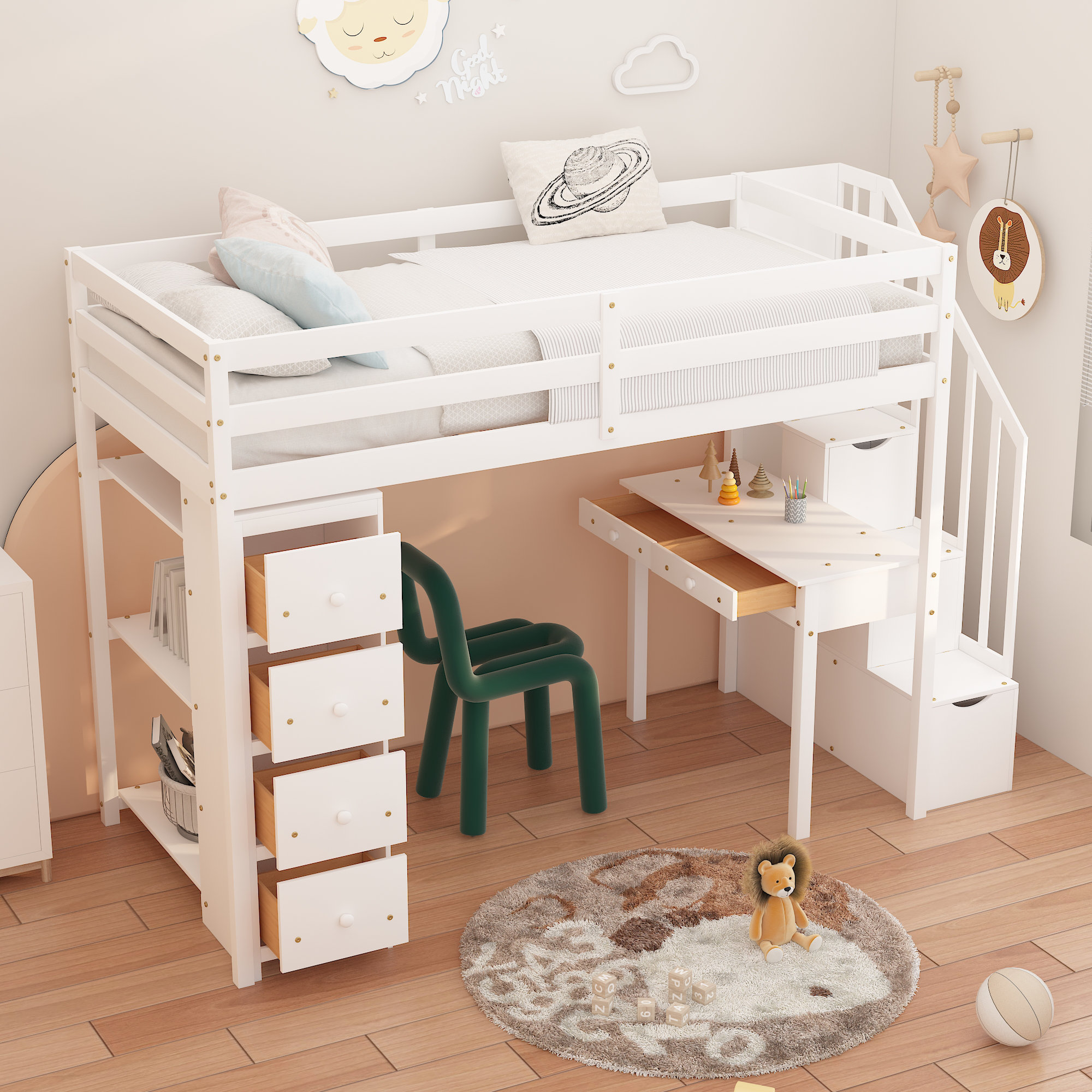 Twin loft bed with desk best sale and stairs